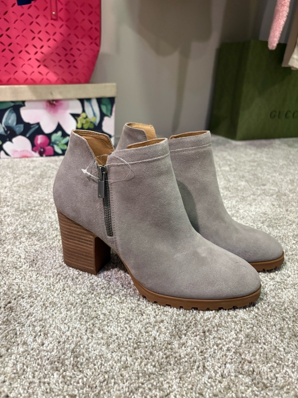 Lucky Brand Grey Suede Block Heel Ankle Booties